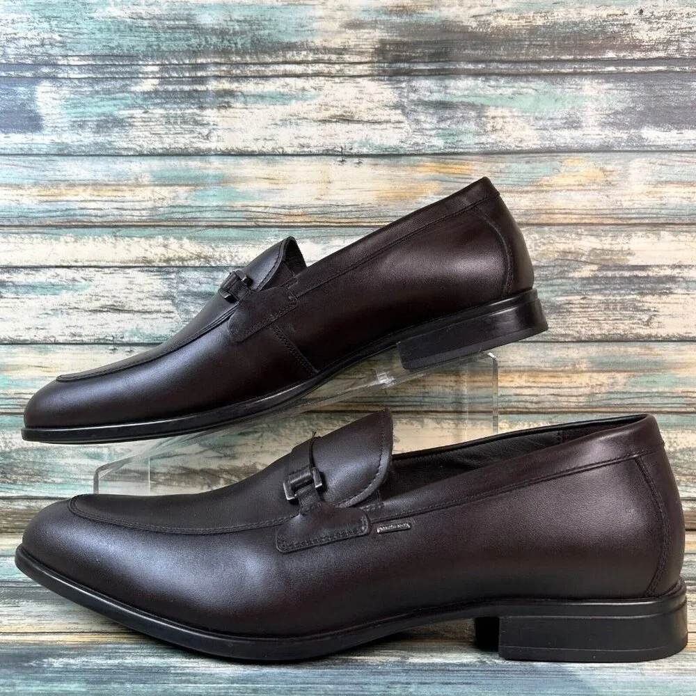 GEOX Mens Waterproof Leather Loafers Size 12/45 Wide Fit Dark Brown Dress Shoes